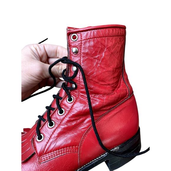 VNTG Justin Roper Women's Cherry Red Leather Fringe Lace Up Western Boots 6.5B - Picture 7 of 14
